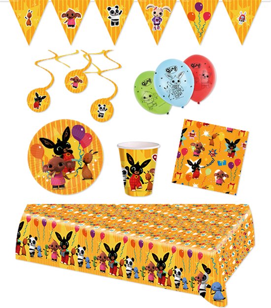 Bing het konijn - Bing Bunny - Feestpakket - Feestartikelen - Kinderfeest - 8 Kinderen - Tafelkleed - Bekers - Servetten - Bordjes - ballonnen - Slingers - letterbanner - Swirlhangers - Vlaggenlijn