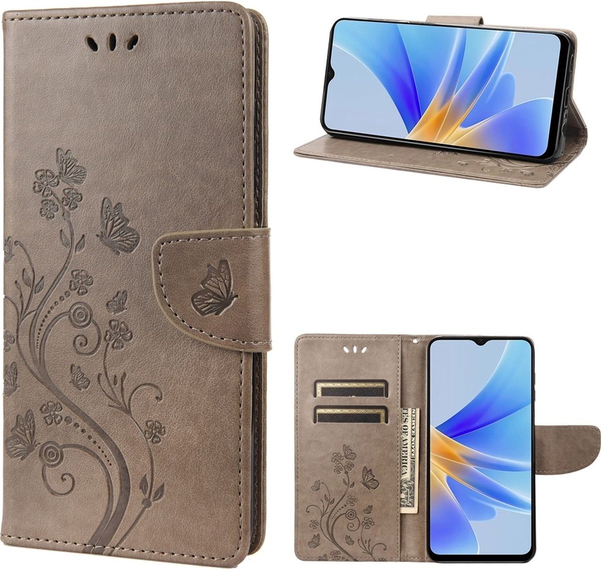 Mobigear Telefoonhoesje geschikt voor OPPO A17 Hoesje | Mobigear Flowers Bookcase Portemonnee | Pasjeshouder voor 3 Pasjes | Telefoonhoesje voor Pinpas / OV Kaart / Rijbewijs - Grijs