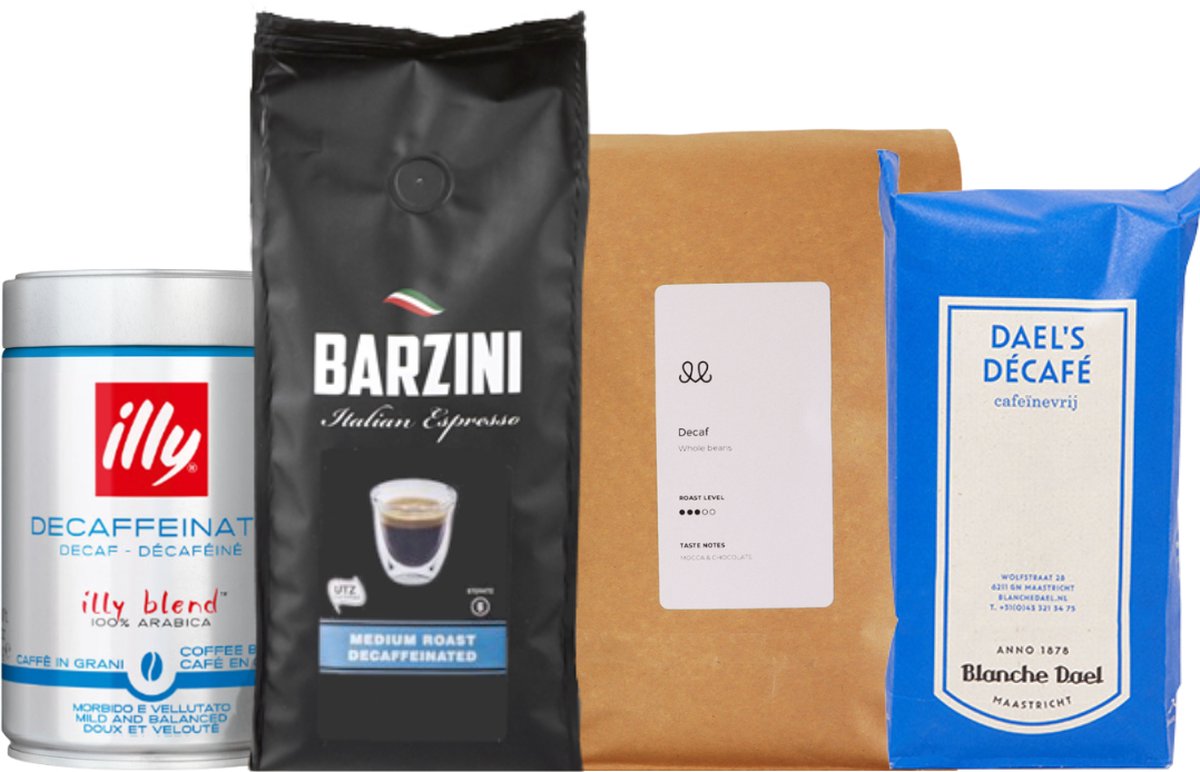 Koffiebonen proefpakket - Decaf - 1250gr Cafeïnevrije koffiebonen - Illy, Barzini, Blanche Dael & Verse Maling - Verse Koffiebonen zonder Cafeïne