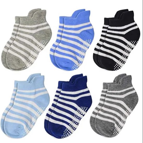 6 Paar - Antislip Sokken Kind Baby - 1-3 jaar - Strepen Wit Lichtblauw Grijs - Enkelsokken - Verbeterde kwaliteit - MINIIYOU