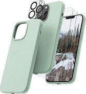 Hoesje Geschikt voor iPhone 14 – Liquid siliconen backcover met 2x glazen screenprotector en camera lens protector – Mint Groen