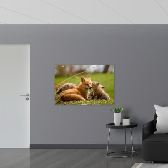 WallClassics - Toile - Mère renarde allongée dans l'herbe avec Enfants - 120x80 cm - Photo sur toile (Décoration murale )