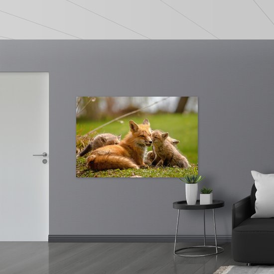 WallClassics - Toile - Mère renarde allongée dans l'herbe avec Enfants - 150 x 100 cm (Décoration murale sur toile)