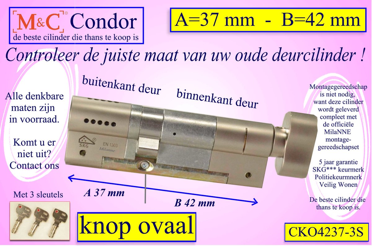 M&C Condor high security deurcilinder met Knop OVAAL 42x37 mm met 3 sleutels - SKG*** - Politiekeurmerk Veilig Wonen - inclusief MilaNNE gereedschap montageset