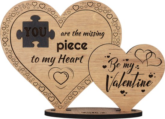 Valentijn - ontbrekende puzzelstukje - houten wenskaart - Valentijnskaart van hout - cadeau 14 februari - be my Valentine - 17.5 x 25 cm