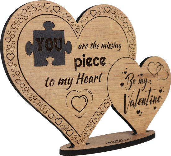 Valentijn - ontbrekende puzzelstukje - houten wenskaart - Valentijnskaart van hout - cadeau 14 februari - be my Valentine - 17.5 x 25 cm