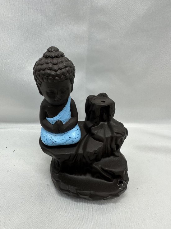 Decoratieve Boeddha op rots wierrookhouder - blauw - hoogte 12 cm x 9 x 6 cm - polyresin - Woonaccessoires - Decoratieve beelden - Wierrookhouder