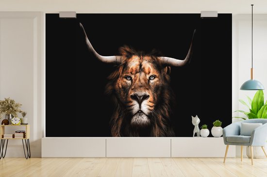 Behang - Fotobehang Leeuw - Hoorn - Zwart - Breedte 390 cm x hoogte 260 cm