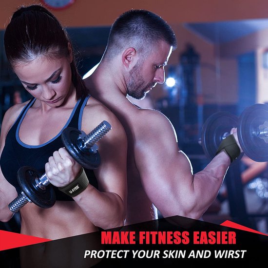 Man en vrouw met gewichten, beide dragen zwarte polsbanden. Tekst: 'Make Fitness Easier', 'Protect Your Skin and Wrist'.
