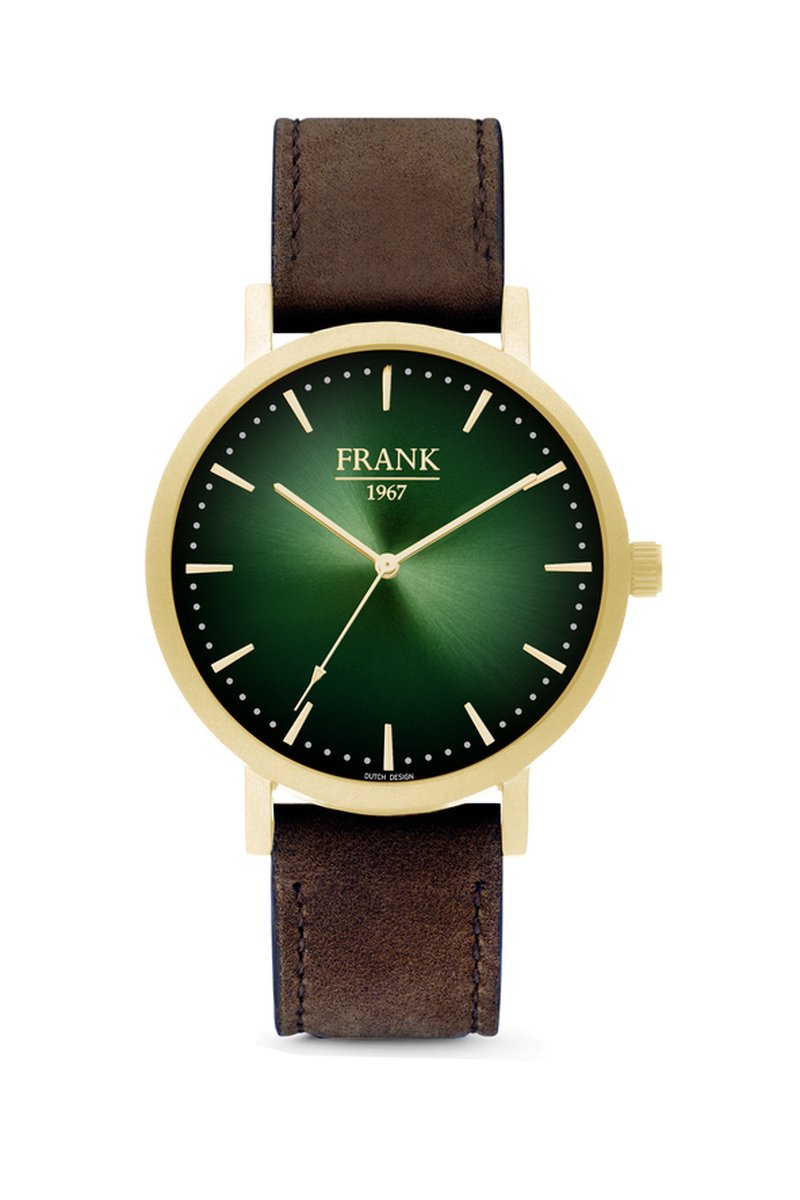 Frank 1967 7FW 0026 Metalen Horloge met Bruine Leren Band -Doorsnee 42 mm - Groen/ Goudkleurig