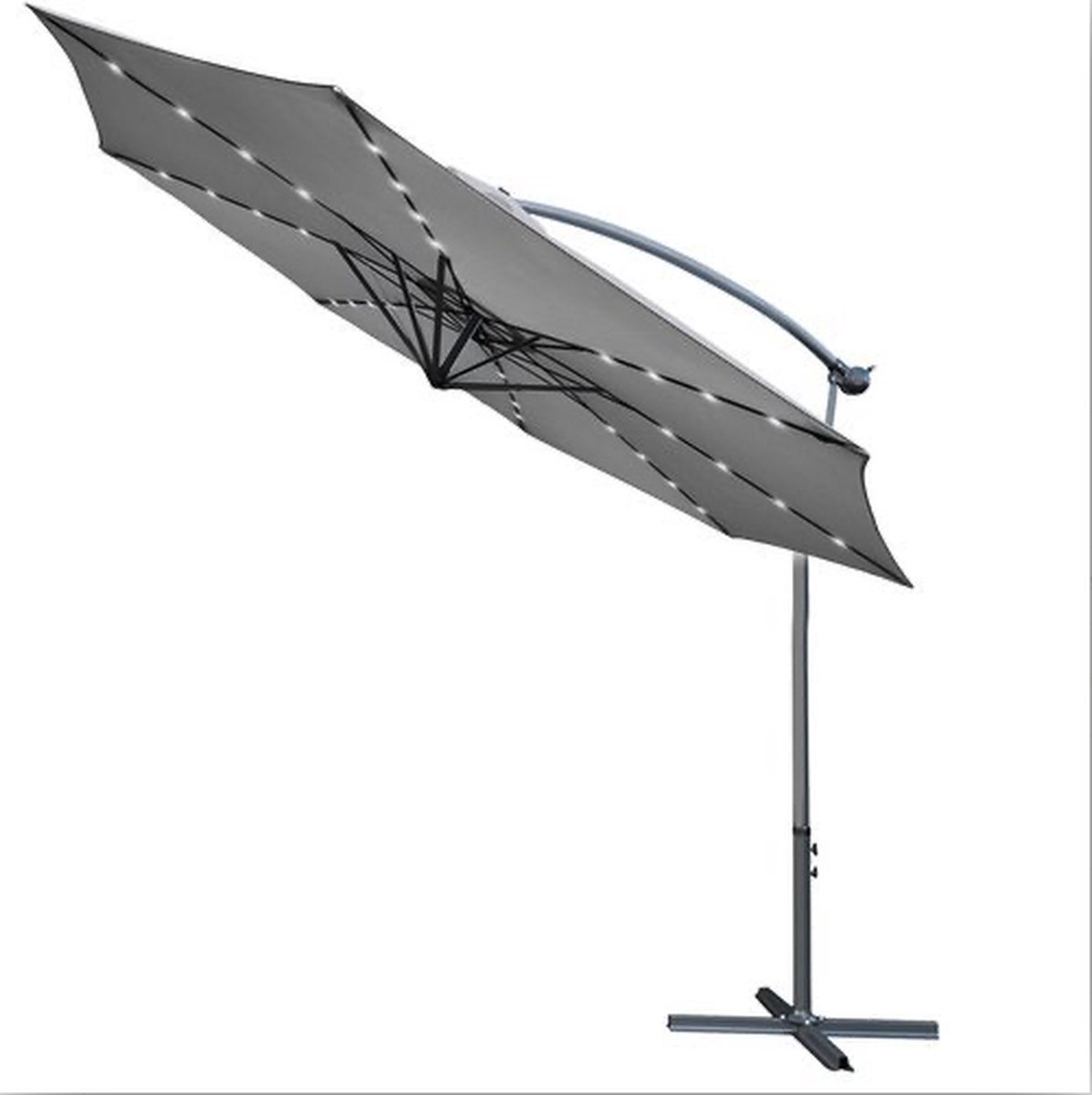 EASTWALL Parasol met LED-verlichting – Verstelbare arm – Zweefparasol – Inclusief parasolvoet – Tuin parasol – 245x350cm – UV werend doek – Stokparasol – Grijs – Lange gebruikstijd – Eenvoudig verstelbaar – Solar verlichting