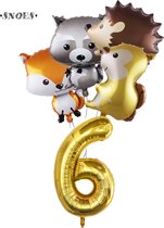 Snoes Ballonnen - Gouden Cijferballon 6 Jaar Set Bosdieren – Dieren Feestpakket - Kinderverjaardag