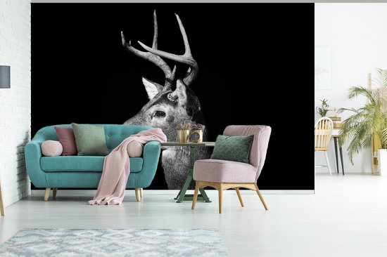 Papier peint - Papier peint Papier peint photo Profil animal cerf en noir et blanc - Largeur 360 cm x hauteur 240 cm