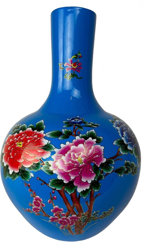Fine Asianliving Chinese Vaas Blauw Bloemen Pioenen Handgemaakt D41xH57cm