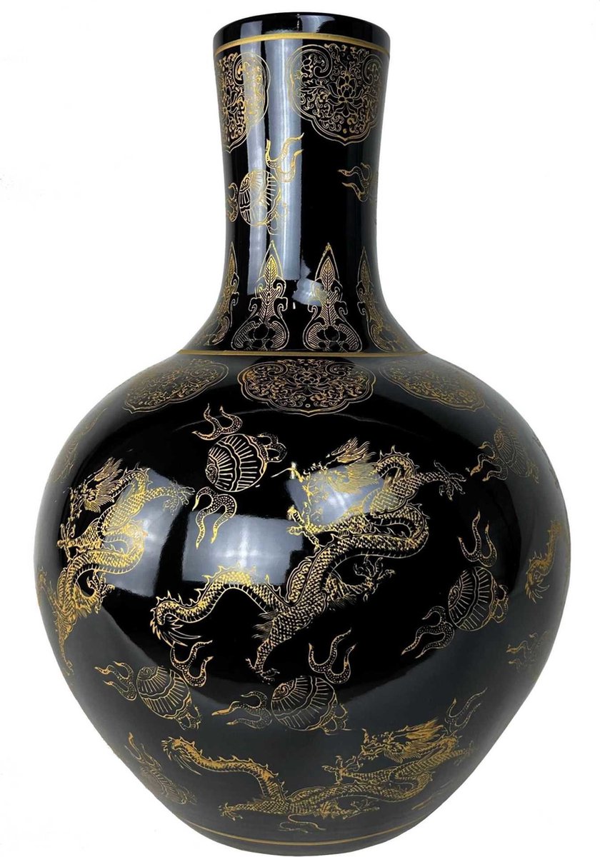 Fine Asianliving Chinese Vaas Zwart Draken Goud Handgemaakt D41xH57cm multi