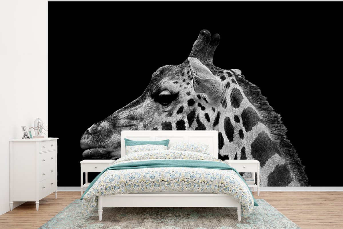 Behang - Fotobehang Dieren - Giraffe - Zwart - Wit - Breedte 295 cm x hoogte 220 cm