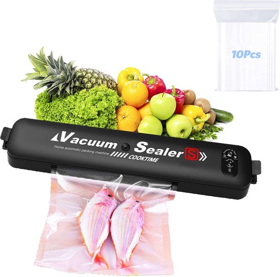 vacumeermachine - vacumeer sealer- met 10 x vaccumzakken - voor groente, fruit, vlees, vis en ander vers voedsel - Zwart