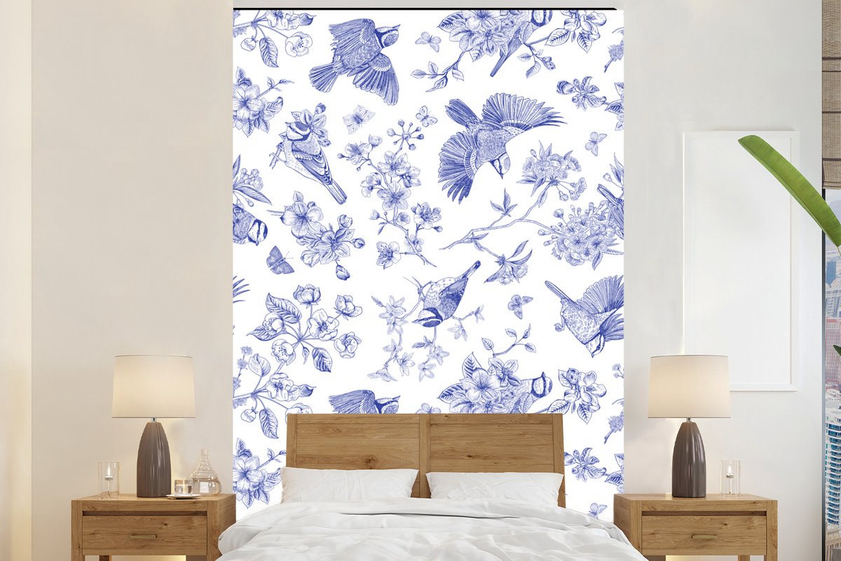 Behang - Fotobehang Vintage - Vogel - Bloemen - Blauw - Breedte 160 cm x hoogte 240 cm