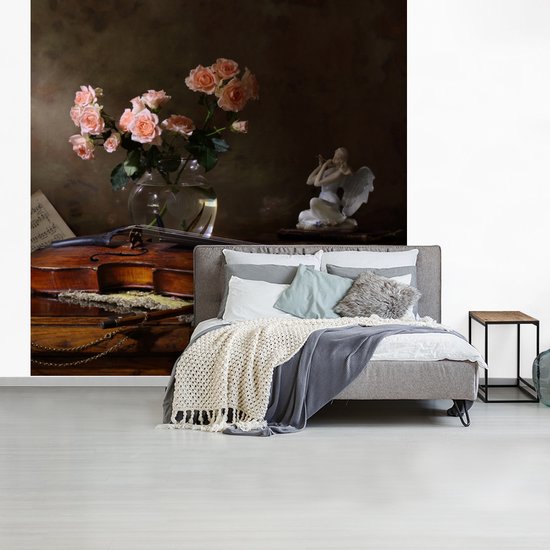 Papier peint - Papier peint photo - Violon - Nature morte - Fleurs - Largeur 240 cm x Hauteur 240 cm