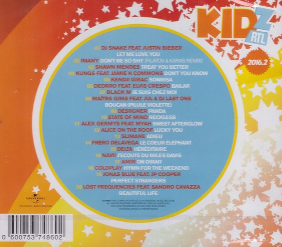 CD hoes met tekst "KIDZ RTL 2016.2" en een lijst met nummers in gele en witte tekst op een oranje cirkel met sterren op de achtergrond.
