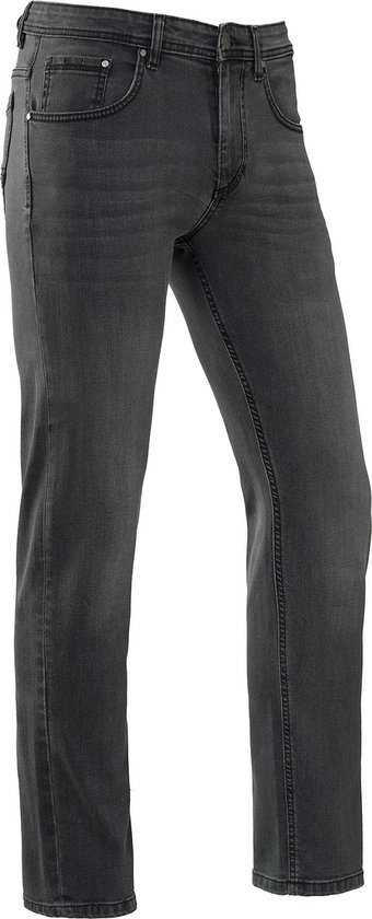 Donkergrijze jeans, model van voren gezien, met stretch en slimfit pasvorm.