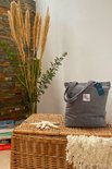 Sac gris en velours côtelé avec étiquette blanche et étiquette de marque 'GODALY', posé sur un panier brun.