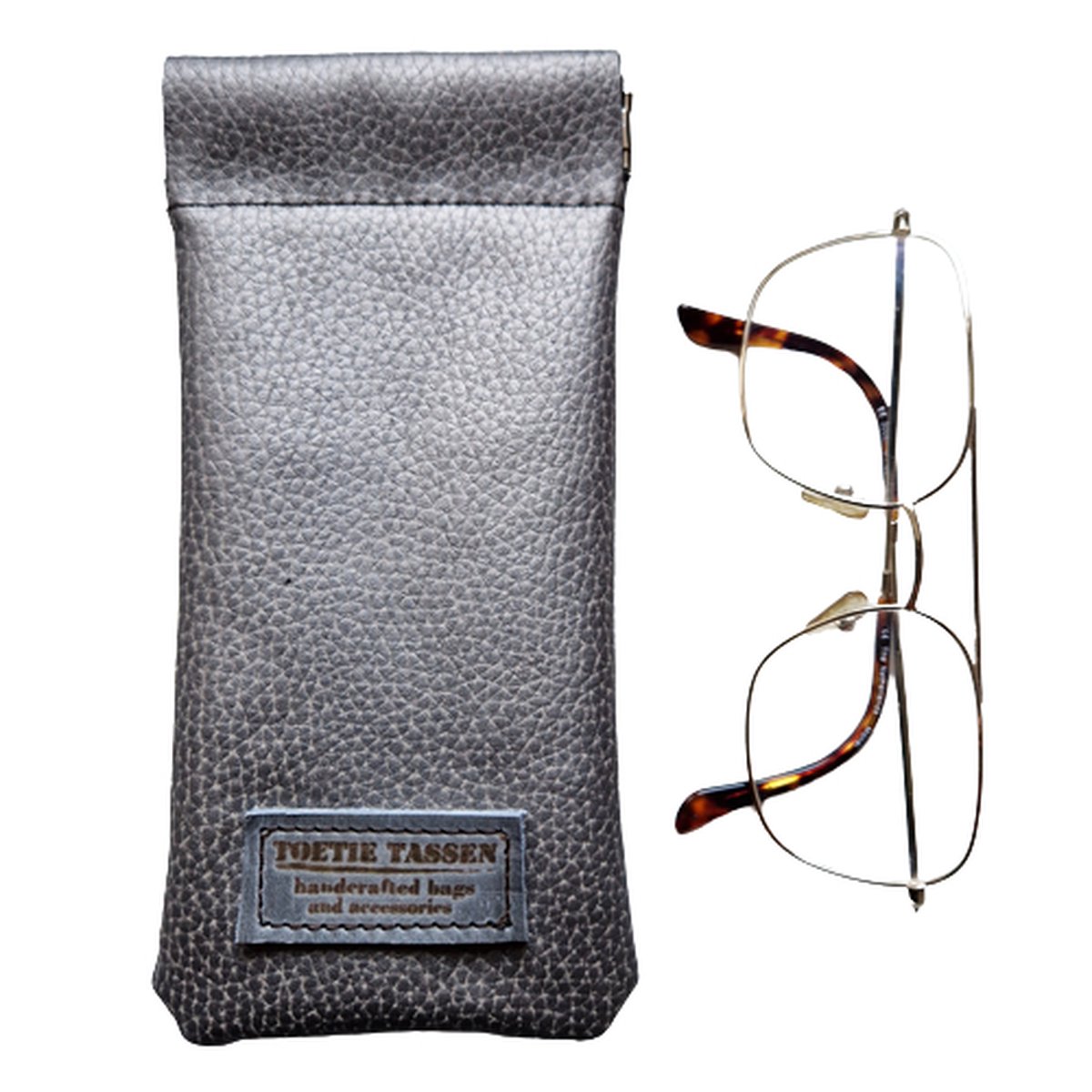 Handgemaakte Leatherlook Brillenkoker Zilver - Knijpsluiting - Brillenetui - Brillentas - Leder - Snappouch