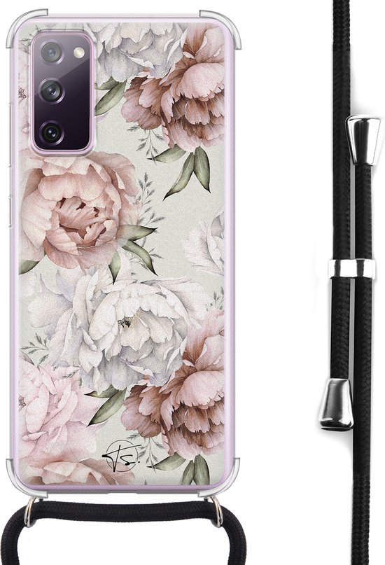 Coque transparente pour Samsung S20 FE avec imprimé de pivoines roses et blanches, avec cordon noir attaché à une fixation argentée.