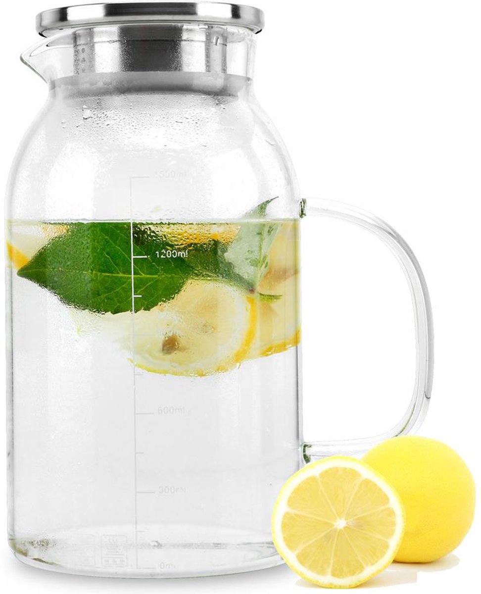 Intirilife karaf met filter in CLEAR - 1,8 liter kan van borosilicaatglas met handvat en verwijderbaar filter en deksel hittebestendig geschikt voor warme en koude dranken, thee, koffie, water en nog veel meer.
