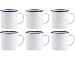 Olympia Emaille Mok 35cl - Wit/Blauw - Emaille mokken ( Set van 6 )