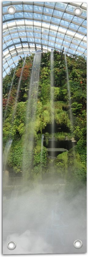 Tuinposter – Groene Berg met Waterval - 20x60 cm Foto op Tuinposter (wanddecoratie voor buiten en binnen)