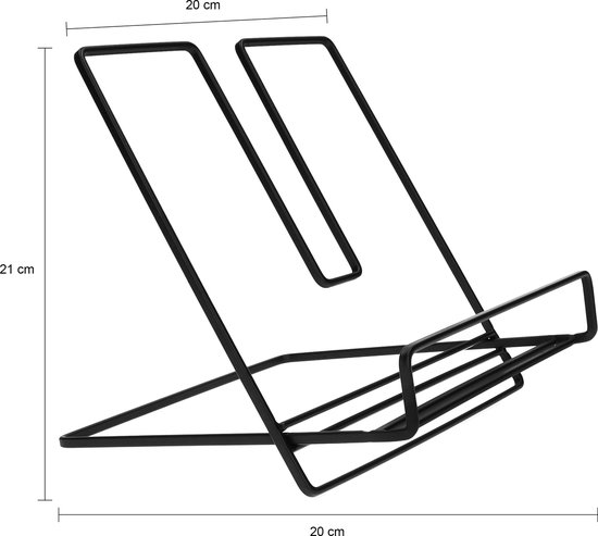 Zwarte metalen boekenstandaard met afmetingen 20 x 20 x 21 cm.