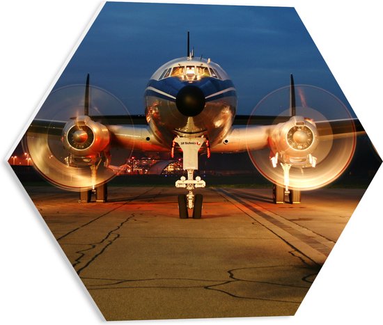 WallClassics - PVC Schuimplaat Hexagon - Vooraanzicht van Vliegtuig in de Avond - 40x34.8 cm Foto op Hexagon (Met Ophangsysteem)