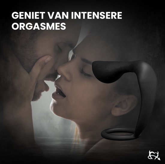 Zwarte prostaatstimulator naast een stel dat elkaar kust. 'Geniet van intensere orgasmes'.