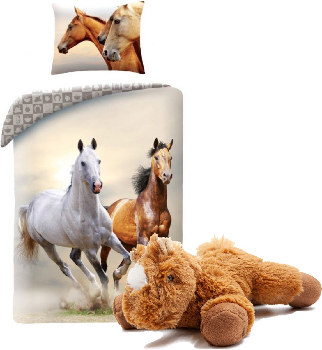 Paarden Dekbedovertrek 140x200cm- kussen 70x90- 100% Katoen- Rennende Paarden, incl. Pluche Paardje licht-bruin 20cm.