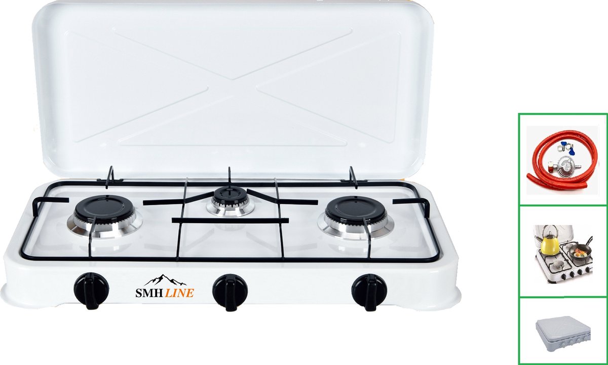 SMH LINE® Gas kooktoestel - 3-pits XL - Camping kooktoestel - Gaskomfoor - Incl. Gasslang set