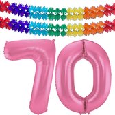Folat folie ballonnen - Verjaardag leeftijd cijfer 70 - glimmend roze - 86 cm - en 2x feestslingers