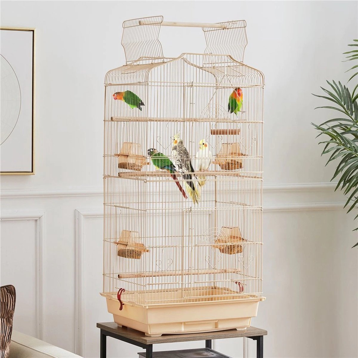 Bol.com Papa simba Vogelkooi ,volière ,vogelkooi met draagbaar handvat met 4 voerbakken ,3 zitstokken, 46 x 35 x 92 cm , amandel... aanbieding