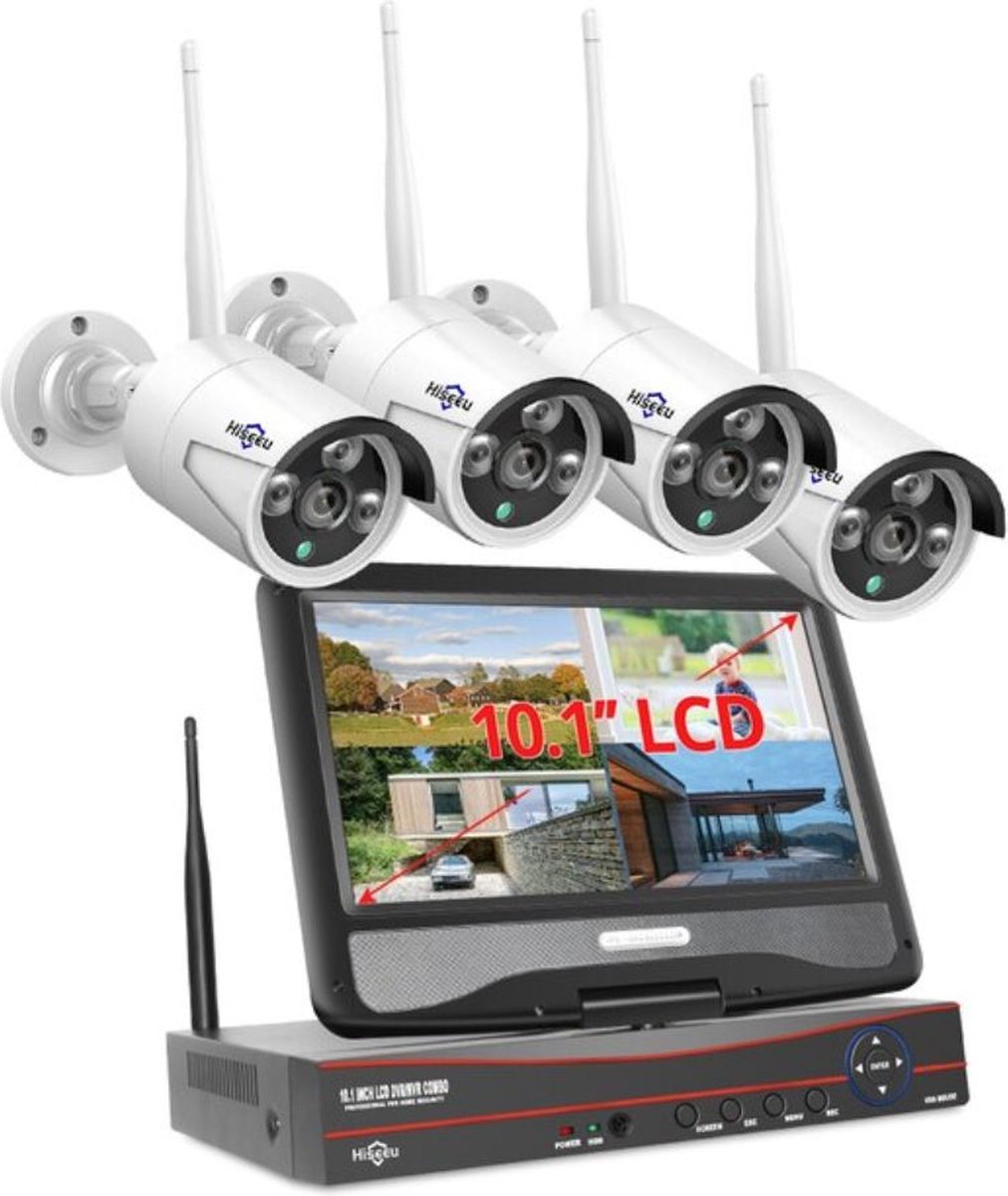 Hiseeu 3MP 8CH - Draadloze Camera CCTV Kit - CCTV - Beveiligingscamera set met 4 Cameras + 10inch scherm - Home Security Camera Systeem - Wifi Camera Set - Beveiligingscamera - 4 Camera’s - Nachtzicht - Motion Detector