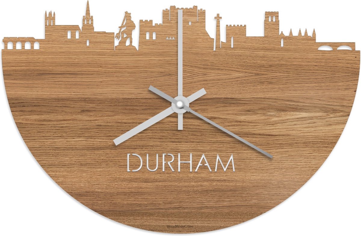 Skyline Klok Durham Eikenhout - Ø 40 cm - Stil uurwerk - Wanddecoratie - Meer steden beschikbaar - Woonkamer idee - Woondecoratie - City Art - Steden kunst - Cadeau voor hem - Cadeau voor haar - Jubileum - Trouwerij - Housewarming - WoodWideCities