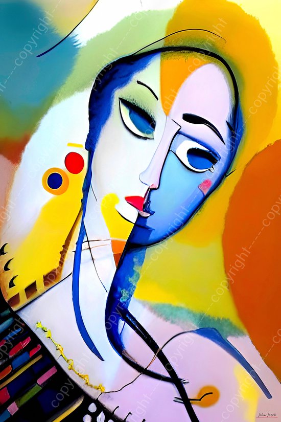 JJ-Art (Canvas) 90x60 | Vrouw - abstract impressionisme kunst - Picasso stijl - kleurrijk - felle kleuren - woonkamer – slaapkamer | gezicht, rood, blauw, bruin, geel, groen, modern | Foto-Schilderij print (wanddecoratie) | KIES JE MAAT