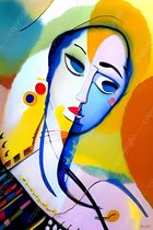 JJ-Art (Aluminium) 120x80 | Vrouw - abstract impressionisme kunst- Picasso stijl - kleurrijk - felle kleuren - woonkamer – slaapkamer | gezicht, rood, blauw, bruin, geel, groen, modern | Foto-Schilderij print op Dibond (metaal wanddecoratie)