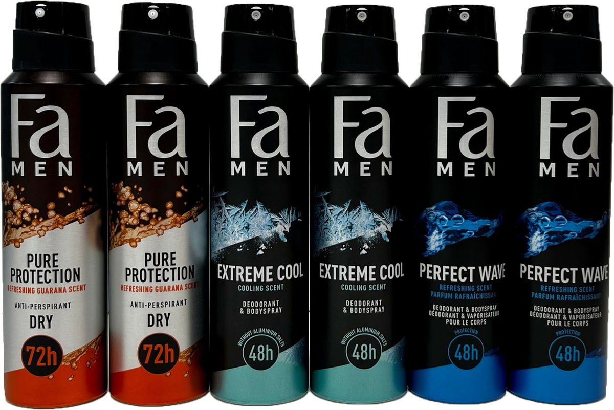 FA Deodorant Men 6 stuks - Voordeelverpakking - Pure Protection - Extreme Cool - Perfect Wave