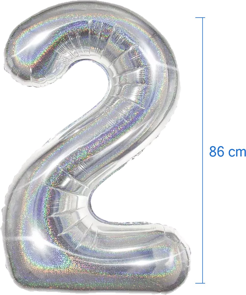 Folie Ballon Cijfer 2 Jaar Zilver Glitter Verjaardag Versiering Helium Ballonnen Feest Versiering Met Rietje - 86Cm — afbeelding 2