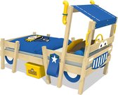 WICKEY Kinderbed, Eenpersoonsbed, Crazy Sparky Pro blauw dekzeil, Houten bed 90 x 200 cm