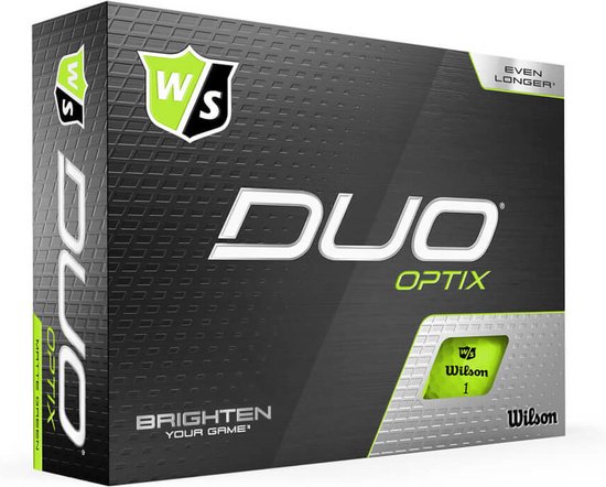 Doos Wilson DUO Optix matte golfballen in groen. De doos heeft een zilverkleurige, geborstelde afwerking met zwarte tekst en een felgroene golfbal.
