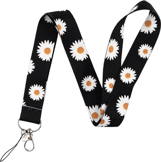 Keycords - stevig keycord witte bloemen - lanyard - sleutelhanger - sleutelkoord