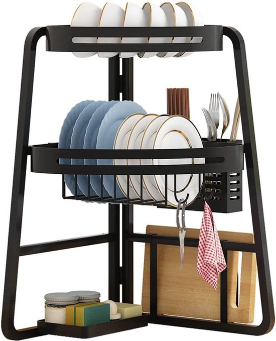 ybaymy Dish Drainer Crockery Black 3 Tier 32 x 32 x 59 cm Triangular
