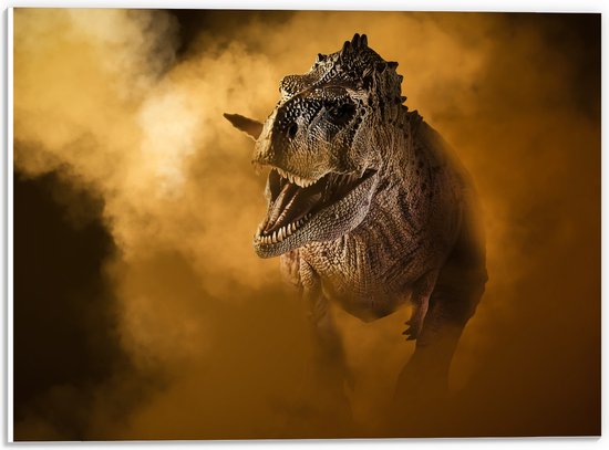 PVC Schuimplaat - Angstaanjagend T-rex Dinosaurs vanuit Oranje Mist - 40x30 cm Foto op PVC Schuimplaat (Met Ophangsysteem)