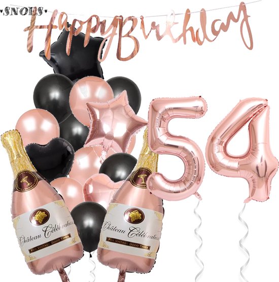 54 Jaar Verjaardag Cijferballon 54 - Feestpakket Snoes Ballonnen Pop The Bottles - Rose Zwart Versiering